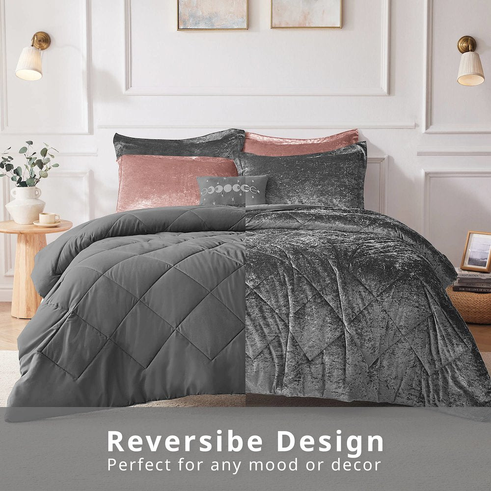 Felicia Velvet Comforter Set with Throw Pillow, Grey color