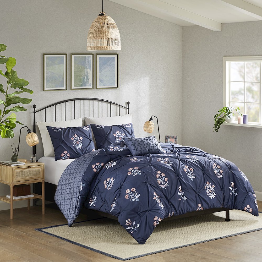 4 Piece Pintuck Comforter Set with Throw Pillow