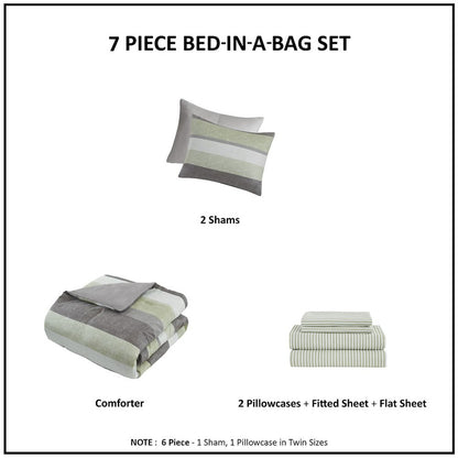 Jaxon Stripe Comforter Set with Bed Sheets, Green/Grey color