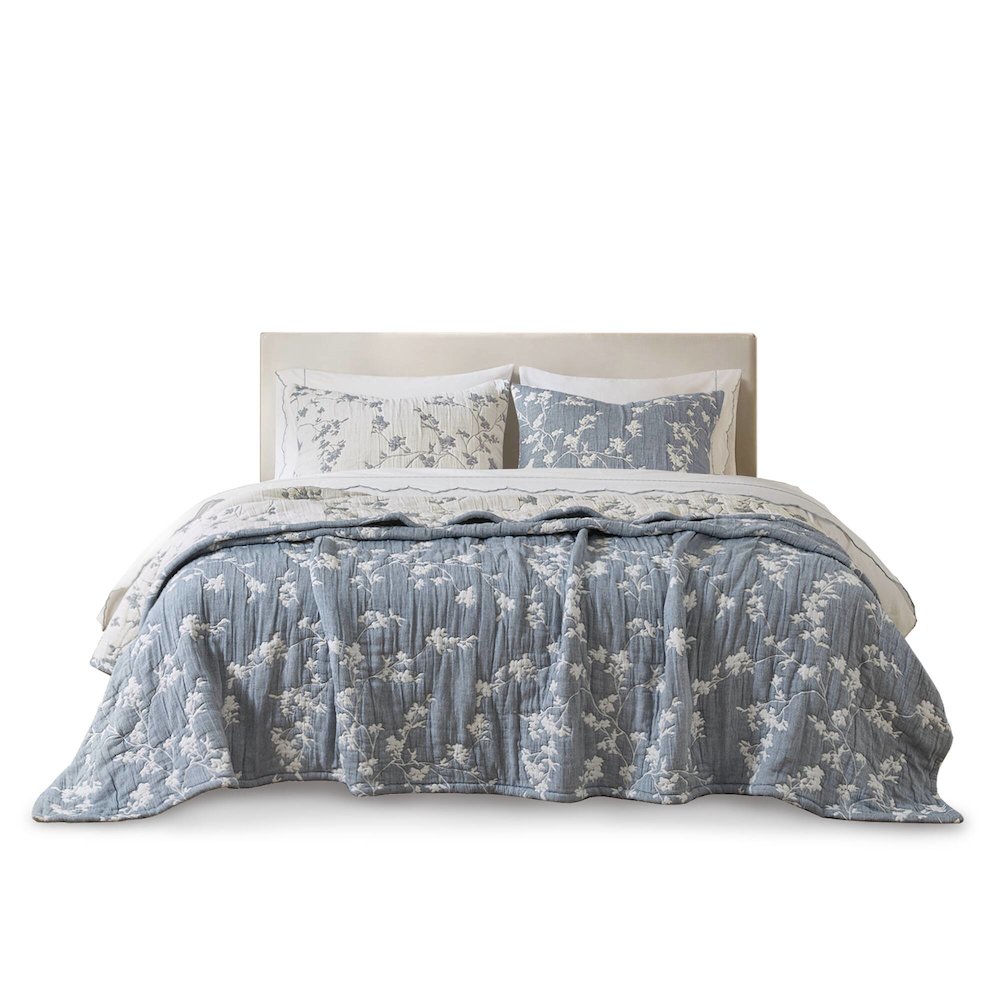 Catalina Botanical 3 Piece Jacquard Cotton Gauze Quilt Set