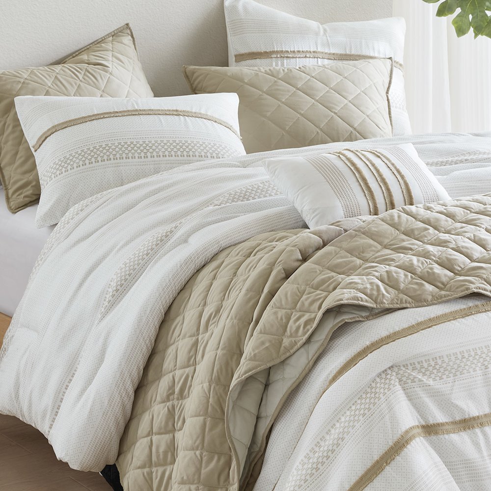 Carolina 7 Piece Stripe Comforter and Quilt Set, Taupe color