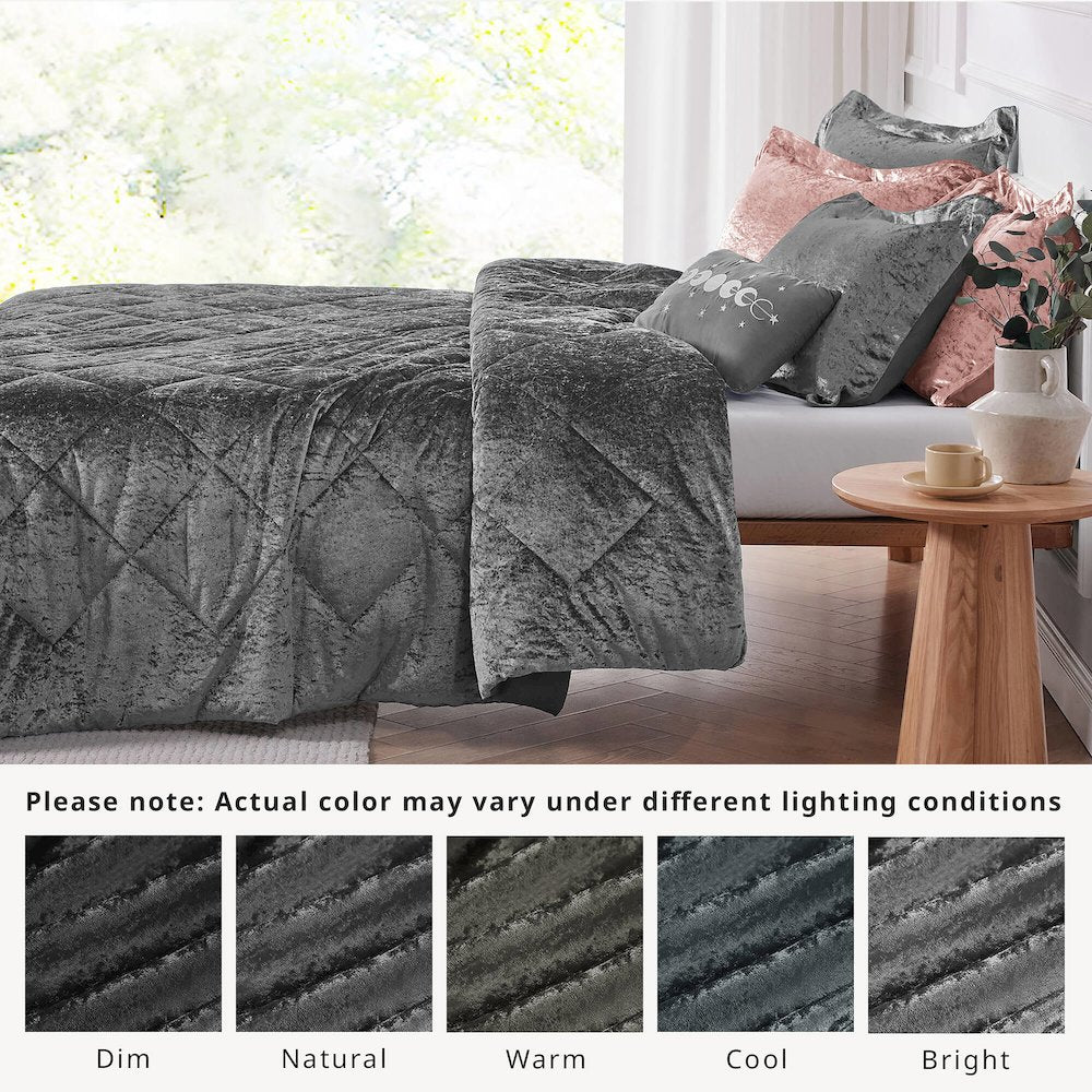 Felicia Velvet Comforter Set with Throw Pillow, Grey color