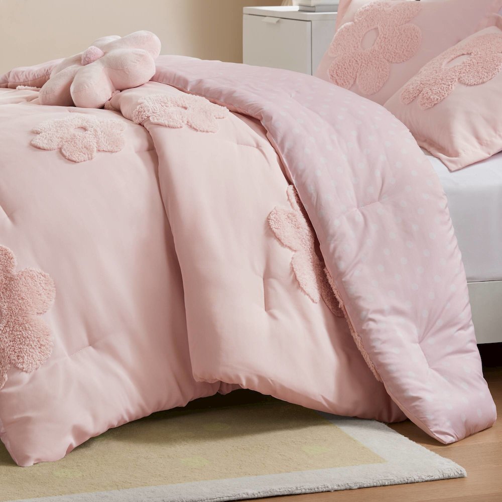 Floral Reversible Tufted Chenille Comforter Set with Flower Throw Pillow