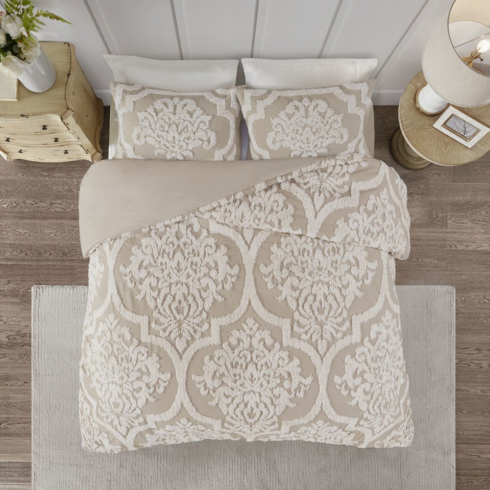 3 piece Tufted Cotton Chenille Damask Duvet Cover Set