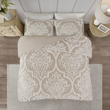 3 piece Tufted Cotton Chenille Damask Duvet Cover Set