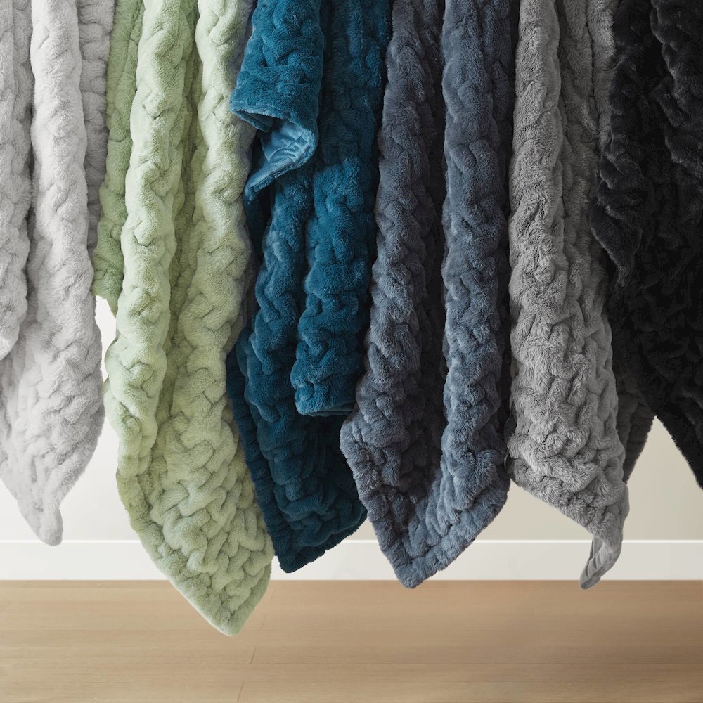 Ruched Fur Faux Fur Throw, Sage Green color