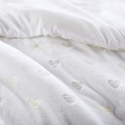 Metallic Printed Plush Comforter Set with Throw Pillow in White/Gold Color
