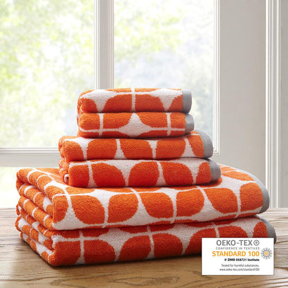 Reversible Orange Geometric 6pcs Jacquard Towel Set, Belen Kox