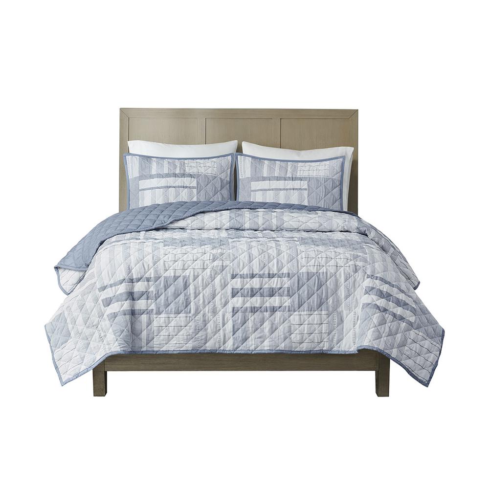 Graham 3 Piece Jacquard Patchwork Quilt Set, Blue color