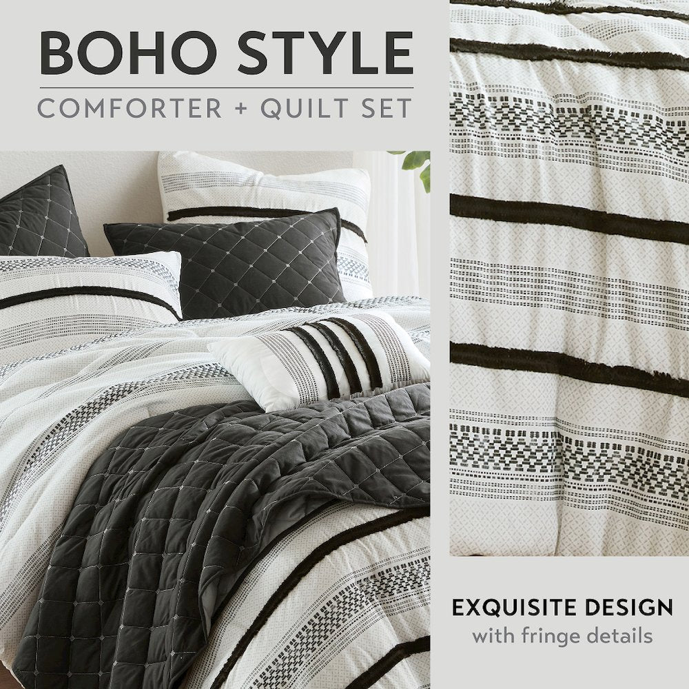 Carolina 7 Piece Stripe Comforter and Quilt Set, Black color