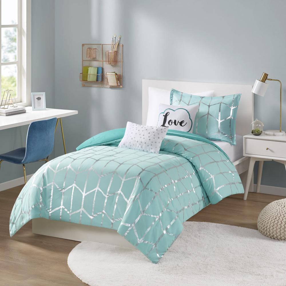 Raina Metallic Printed Comforter Set, Aqua/Silver color