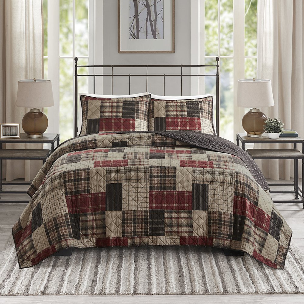 Timber 3 Piece Reversible Printed Quilt Set, Red/Black color