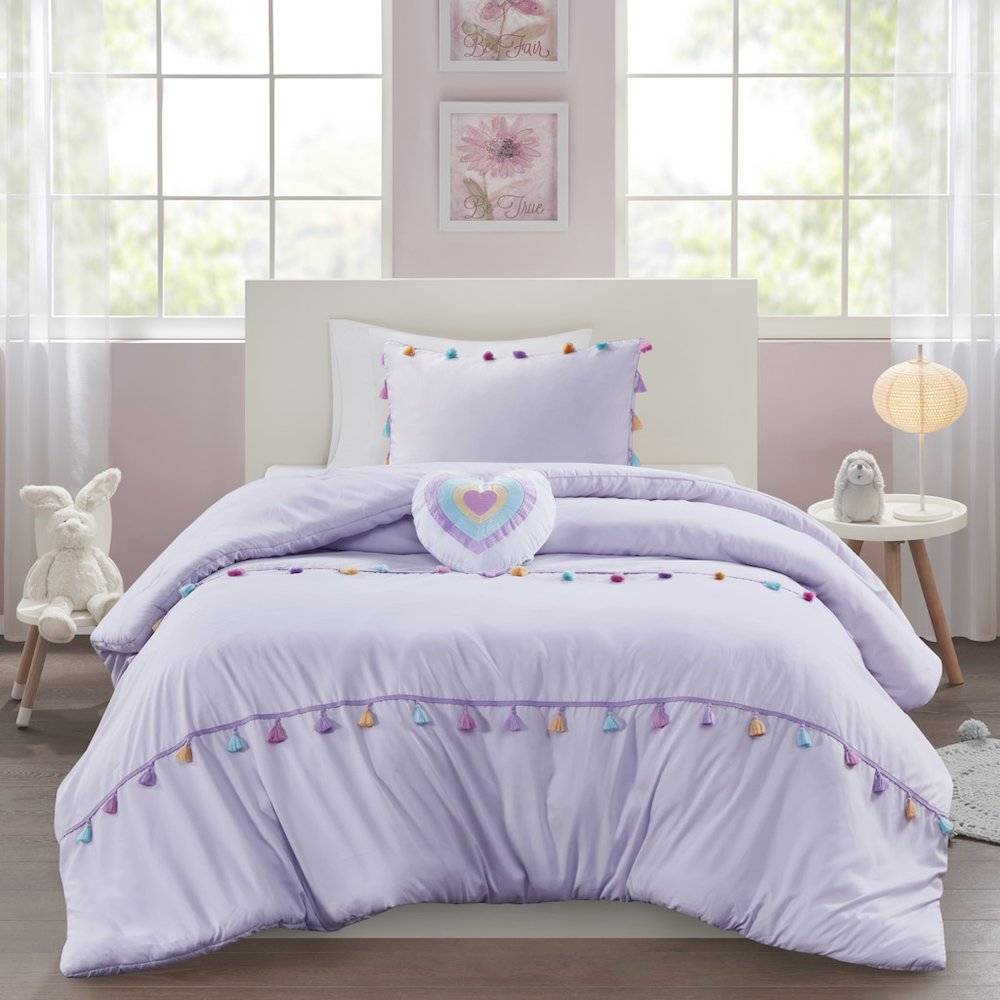 Tessa Tassel Comforter Set with Heart Shaped Throw Pillow in Lavender Color