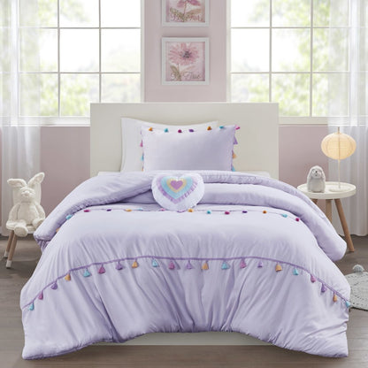 Tessa Tassel Comforter Set with Heart Shaped Throw Pillow in Lavender Color