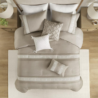 7 Piece Lace Trim Comforter Set with Throw Pillows