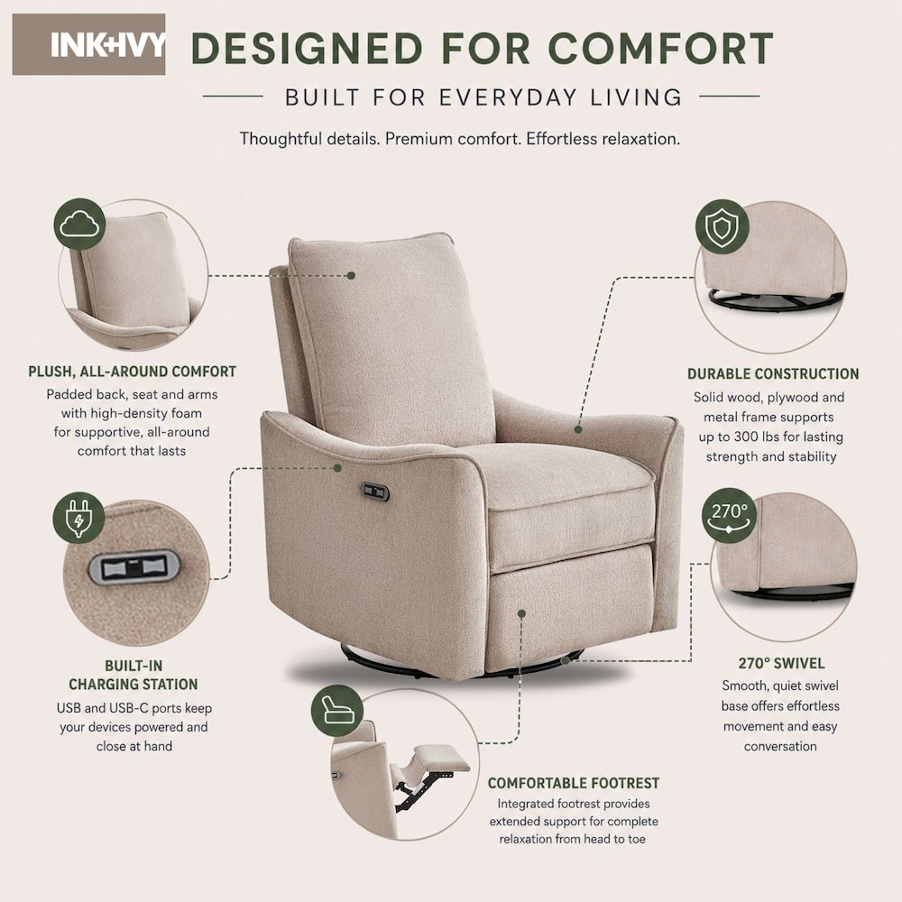 Cameron Power Recliner 3-in-1 with Swivel, Glider, Charging Station