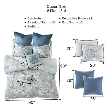 8 Piece Queen Size Comforter Set, Cotton Reversible Comforter, Floral Design