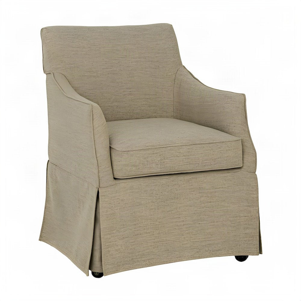 Skirted Fabric-Upholstered Dining Arm Chair with Hidden Casters, Beige