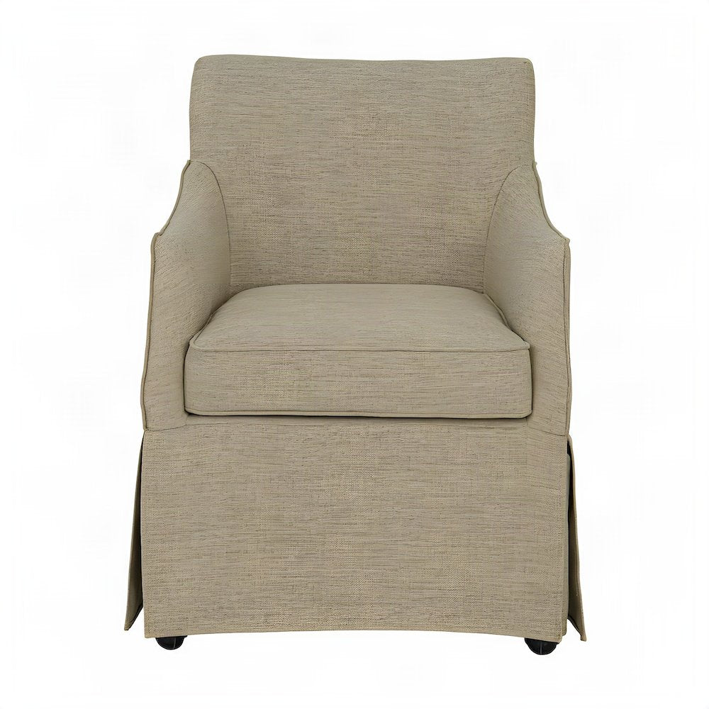Skirted Fabric-Upholstered Dining Arm Chair with Hidden Casters, Beige