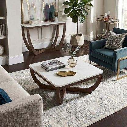 Calvedra Curve Marble-Look Coffee Table with Curved Walnut Wood Legs