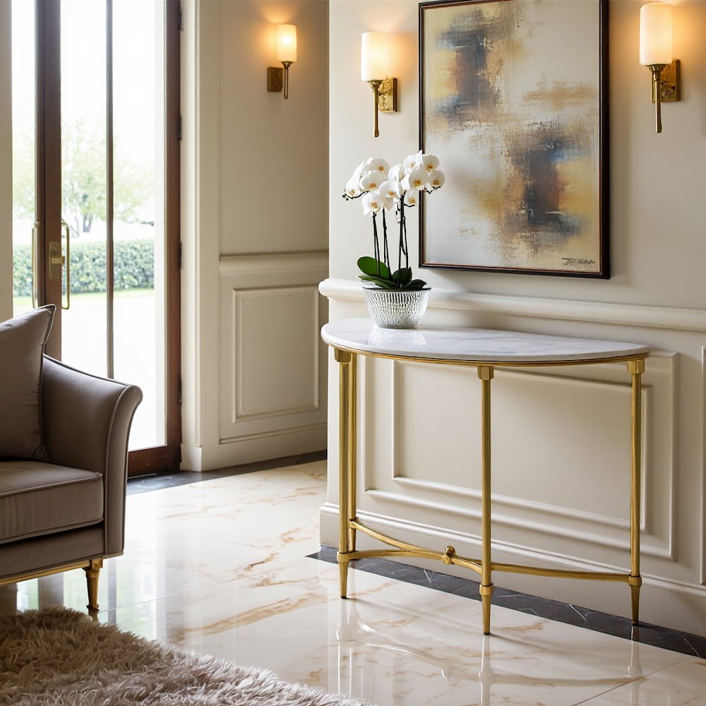 White Marble Hallway Table, Modern Luxury Console Table with Gold Legs