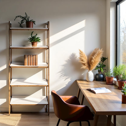 Ladder 5 Tier Open Bookcase with Wood Frame and White Top for Small Spaces