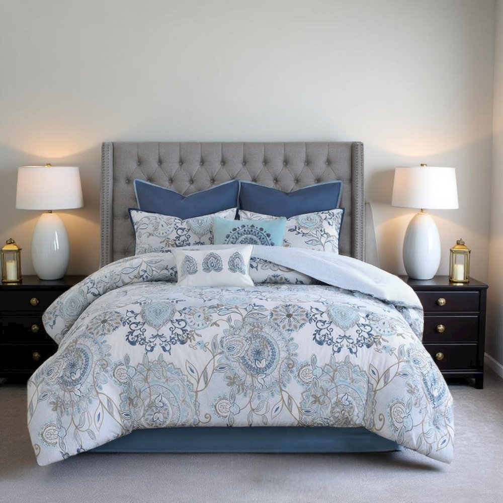 8 Piece Queen Size Comforter Set, Cotton Reversible Comforter, Floral Design