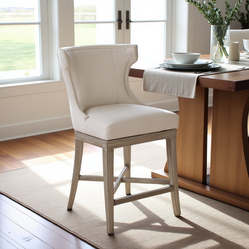 Swivel Beige Bar Height Stool, Upholstered Wingback Counter Height Chair