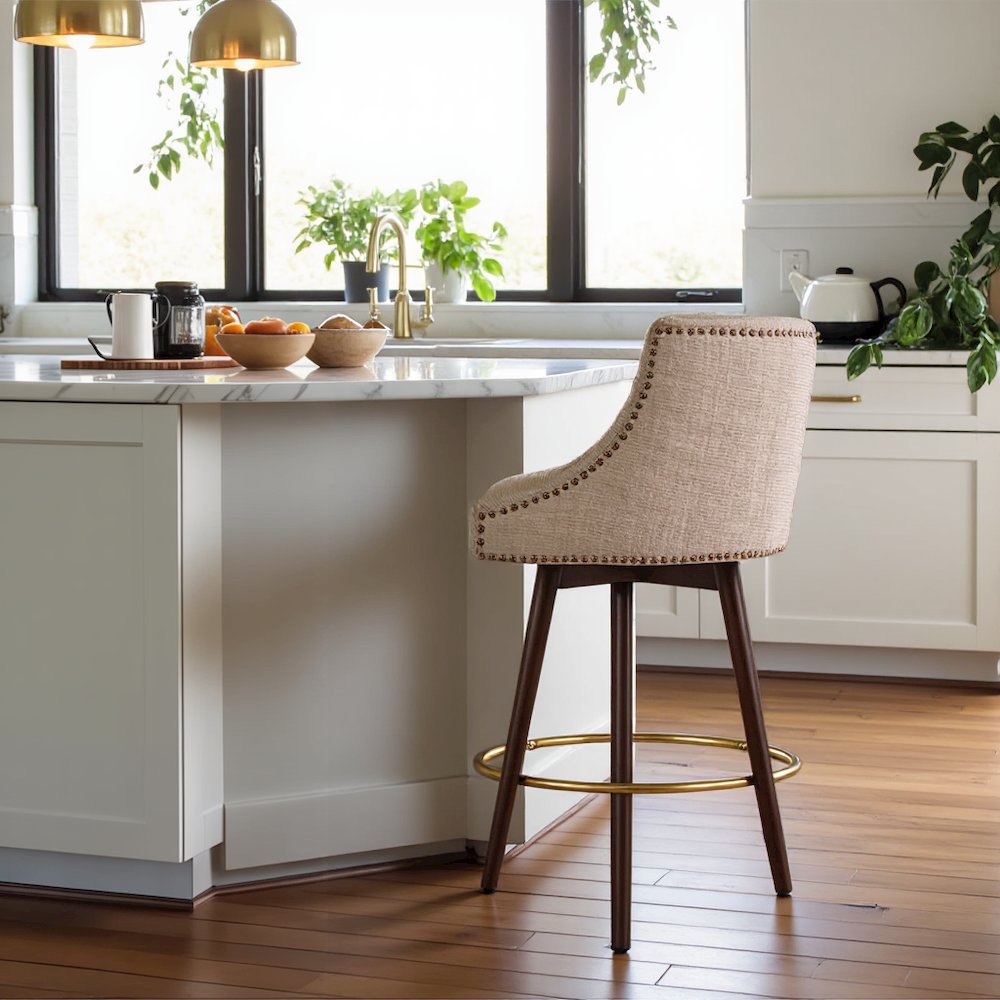 Blue Bar Height Stool, Upholstered Swivel Counter Stool with Solid Wood Frame