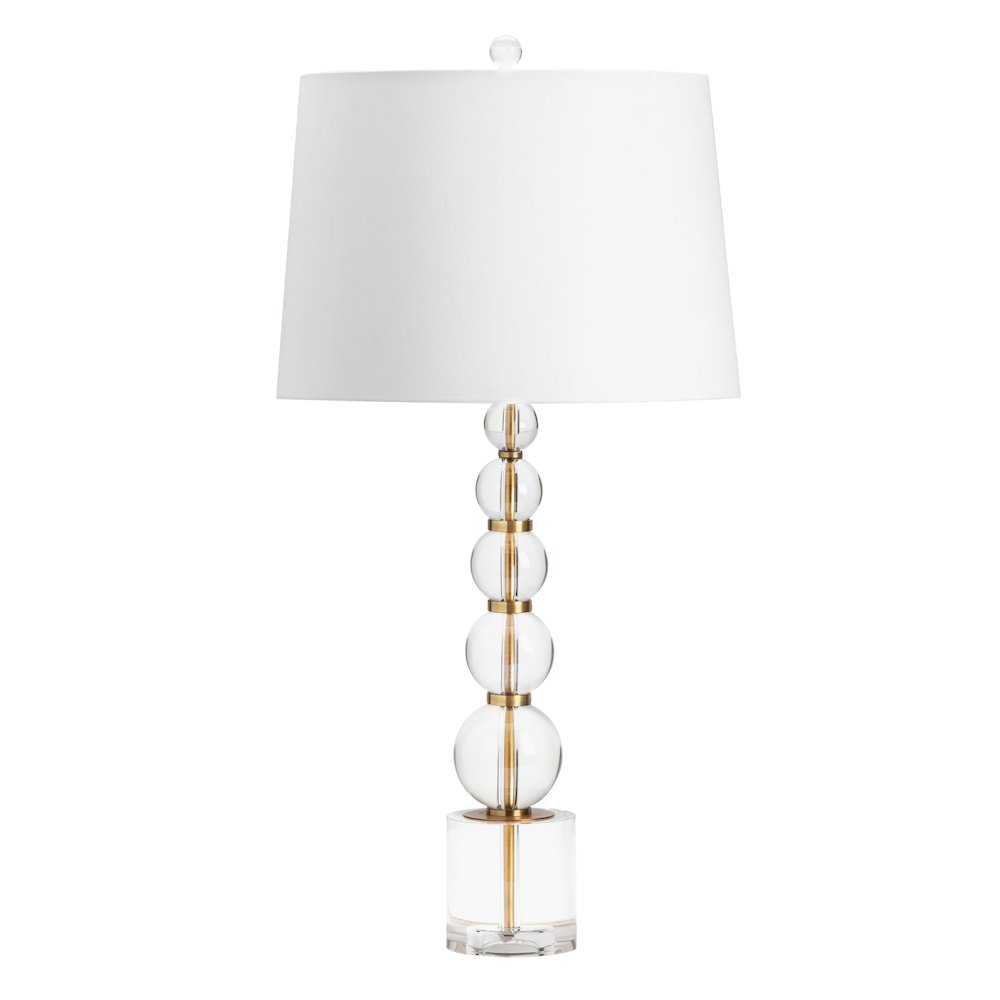 Stacked Crystal Sphere Table Lamp With Gold Accents And Tapered Shade.
