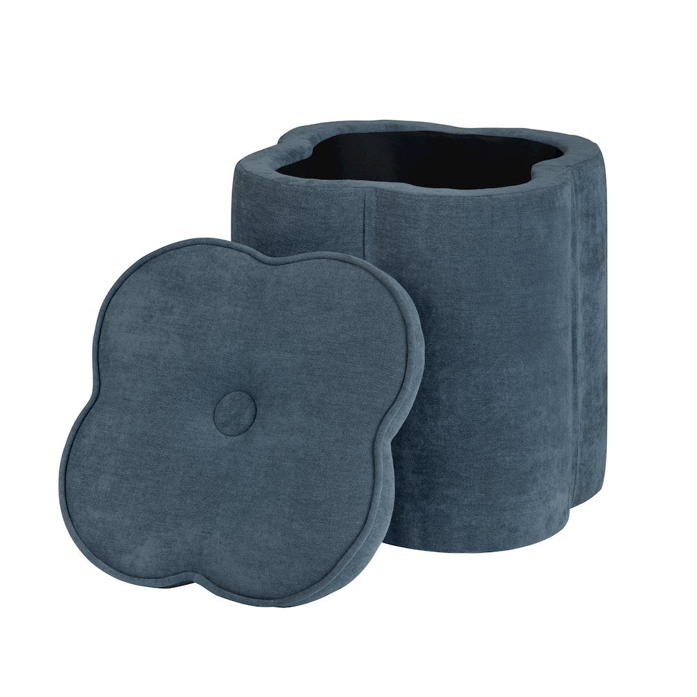 Navy Blue Chenille Flower Ottoman W/ Storage
