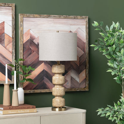 Set Of 2 Travertine Look Resin Table Lamp With Linen Shade