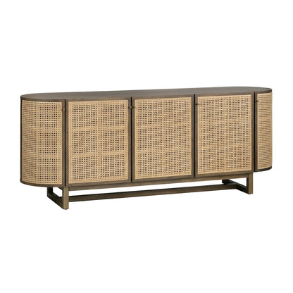 79" Oval Shaped Solid Wood And Cane 5-Door Media Credenza