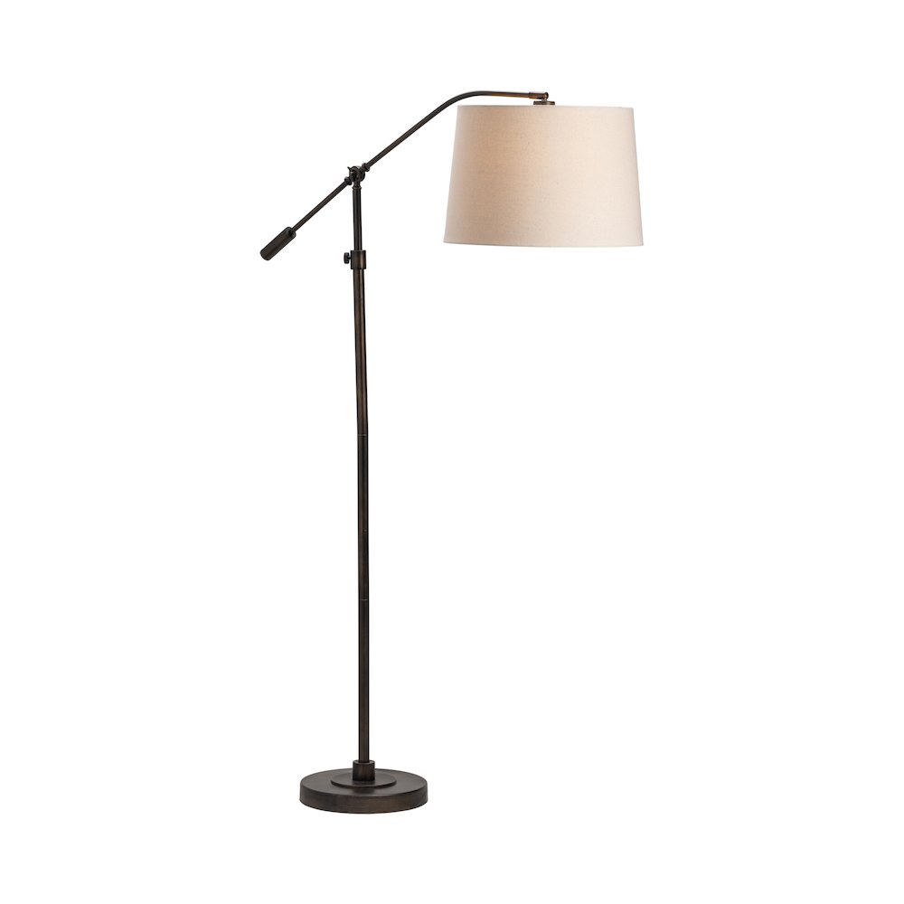 Black And Bronze Arc Floor Lamp With Tapered Drum Linen Shade.