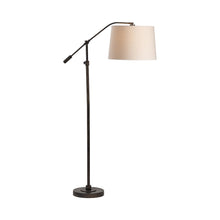 Black And Bronze Arc Floor Lamp With Tapered Drum Linen Shade.