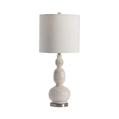 White Triple-Gourd Ceramic Table Lamp With Ribbed Texture And Crystal Base