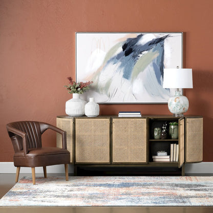 79" Oval Shaped Solid Wood And Cane 5-Door Media Credenza