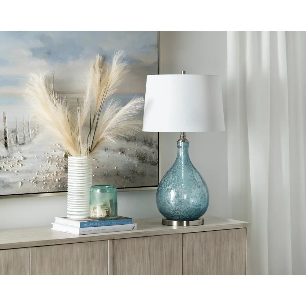32.25" Transitional Blue Glass Table Lamp with Silver Accents