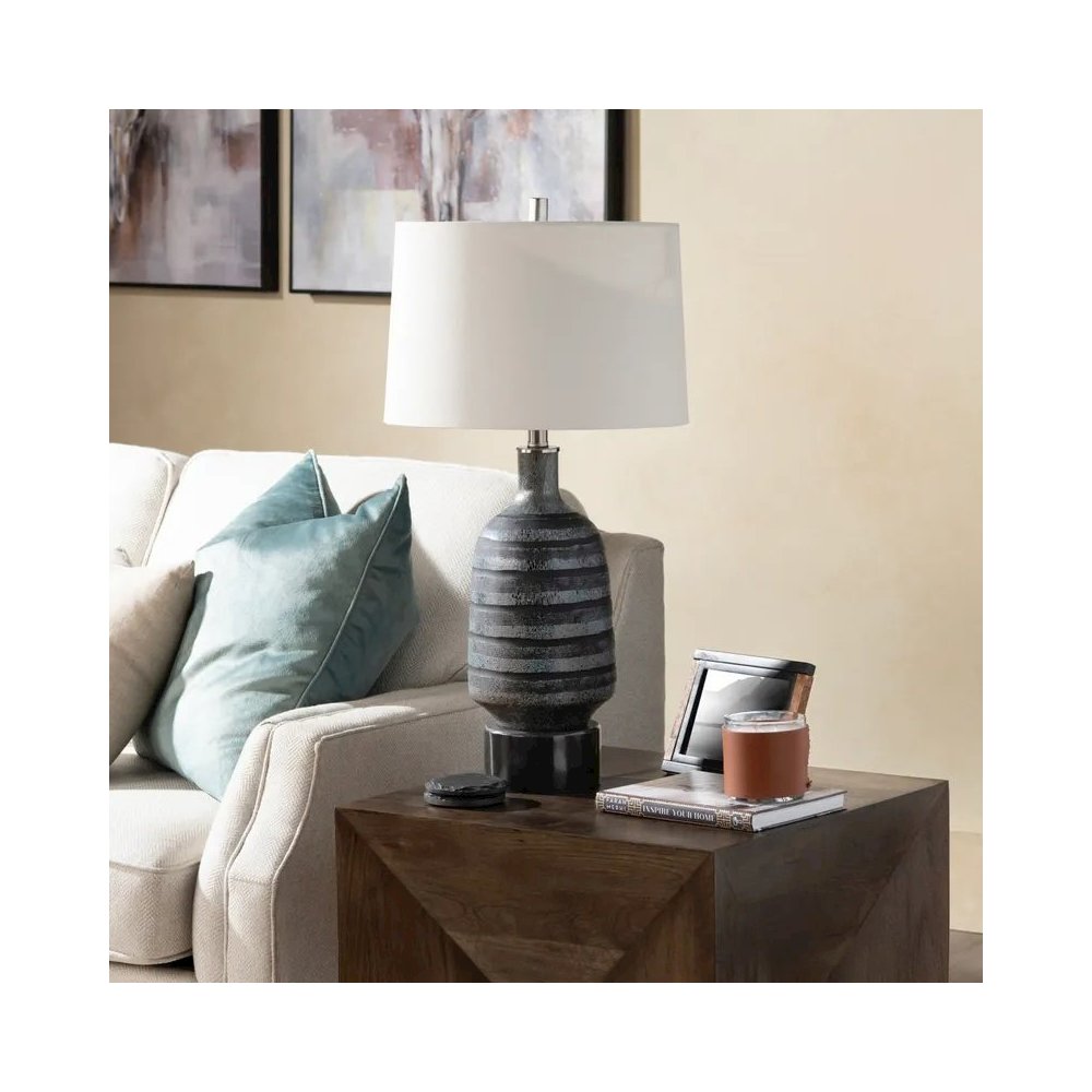 29.75" Transitional Black Glass Table Lamp with Silver Accents