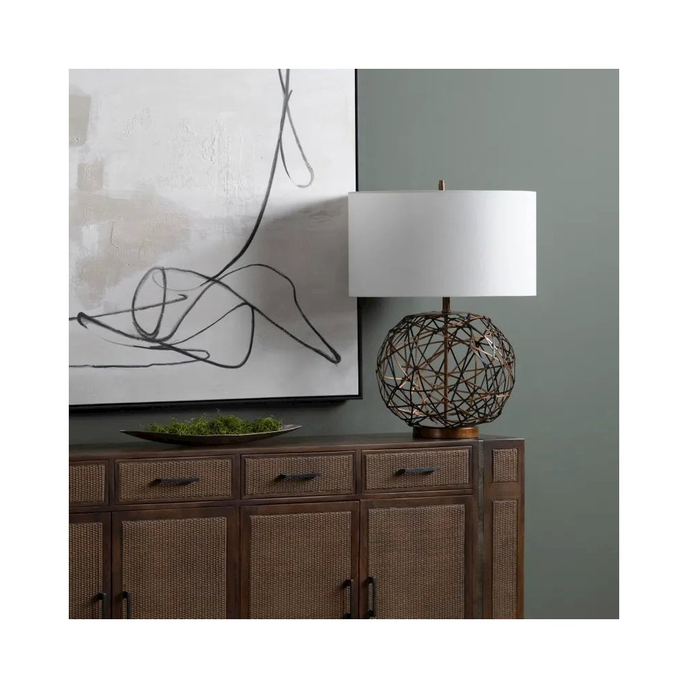 30" Rustic Copper Metal Table Lamp with Faux Leather Accents