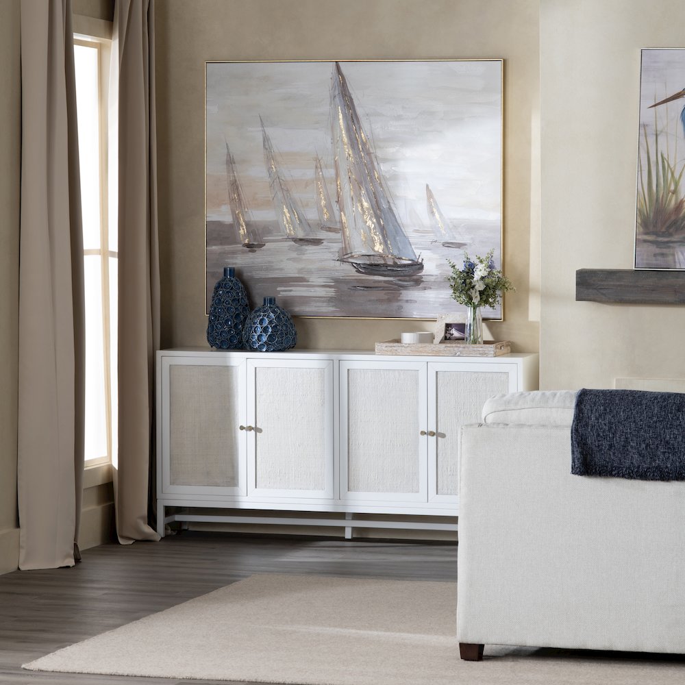 72" White-Washed And Cream 4-Door Media Credenza
