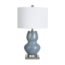 Double-Gourd Blue Ceramic Table Lamp With Crystal Base And Drum Shade.