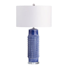 Set Of 2 Blue Ribbed Ceramic Lamps With Crytsal Bases
