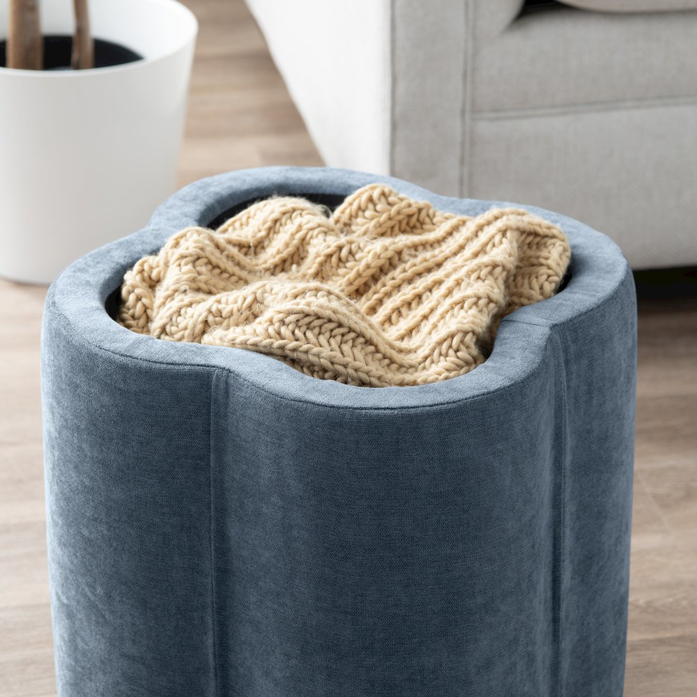 Navy Blue Chenille Flower Ottoman W/ Storage
