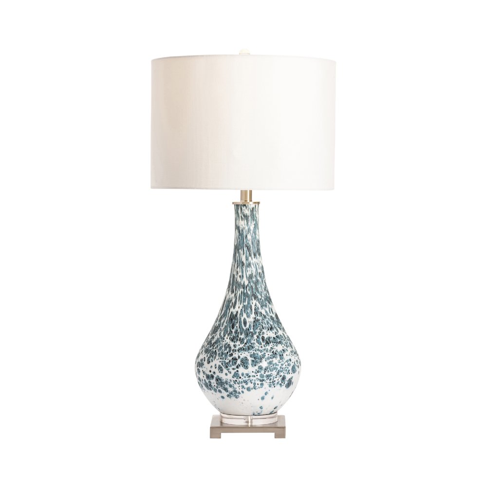 Blue And White Speckled Glass Lamp With Dual Pull Chains.