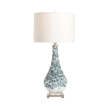 Blue And White Speckled Glass Lamp With Dual Pull Chains.