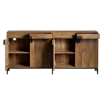76" Natural Brown Solid Wood & Metal 4-Door, 4-Drawer Media Credenza