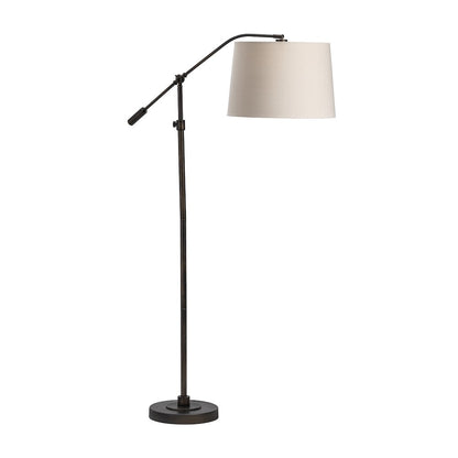 Black And Bronze Arc Floor Lamp With Tapered Drum Linen Shade.