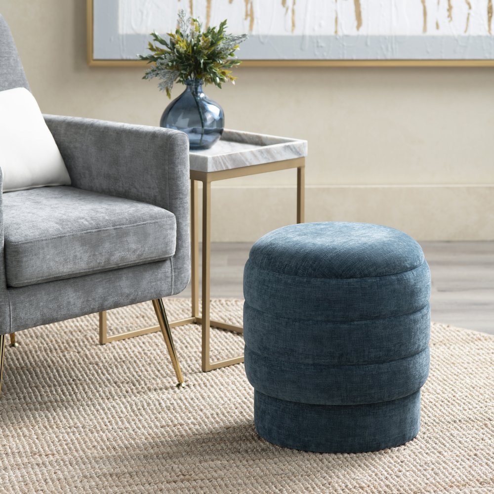 Navy Blue Round Ottoman W/ Storage