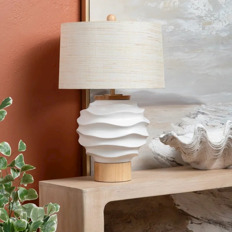 28.5" Coastal White Ceramic Table Lamp with Textured Ridges